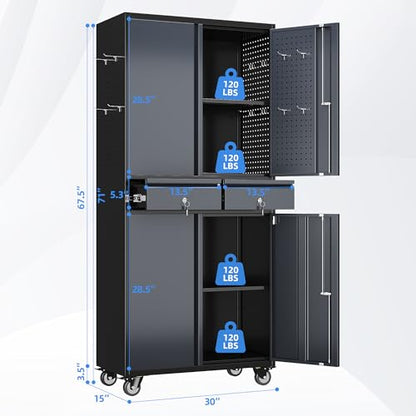 71" Metal Garage Storage Cabinet with 2 Drawers and Wheels - color: Black-dark Gray, size: 16"D x 30"W x 71"H