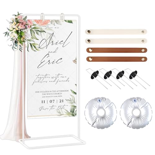 Meiqi Adjustable Wedding Welcome Sign Stand with 4 Leather Hanging Straps, Ground Stakes & Weight Bag - Large Easel for Wedding Signs, Posters, Banners - Perfect for Outdoor Events, Baby Showers (White) - color: White