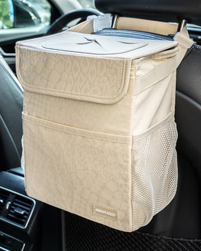 SIBOFUEGO Cute Car Trash Can with Lid, Collapsible, Leak-Proof, 2 Gallon - color: Leopard Print Beige, size: 2 Gallons