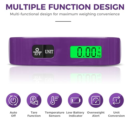 BAGAIL Digital Luggage Scale, 110lbs Hanging Baggage Scale with Backlit LCD Display, Portable Suitcase Weighing Scale, Travel Luggage Weight Scale with Hook, Strong Straps for Travelers - color: Purple
