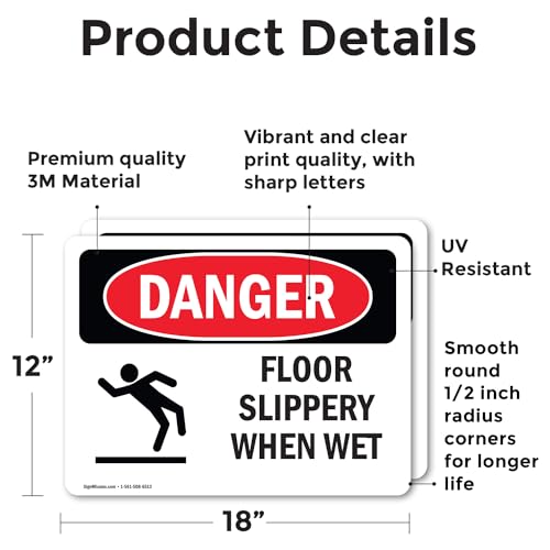 (2 Pack) Floor Slippery When Wet OSHA Danger Sign 18 Inch X 12 Inch Vinyl Label Decal Sticker Weather Resistant, UV Protected for Workplace, Business, and Construction Site, Made in the USA - size: 18 Inch X 12 Inch, style: Vinyl Decal
