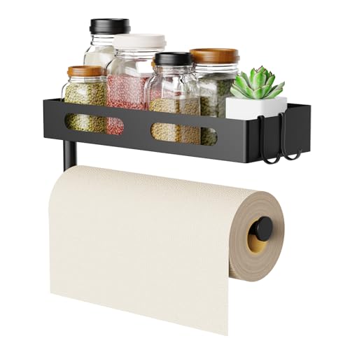 Paper Towel Holder Wall Mount for Kitchen, Paper Towel Holder with Shelf for Bathroom, RV Paper Towel Rack, Spice Rack with 2 Hooks,Matte Black - color: Matte Black
