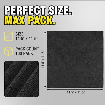 Shop Towels, 100 Pack 11.5"x 11.5" Microfiber Cleaning Cloth - color: Black