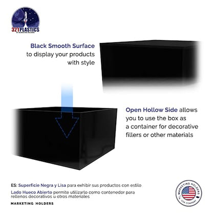 Marketing Holders 4 Pack Black Acrylic Display Box Countertop Showcase Bin No Lid 7" x 7" x 4" Merchandise Storage One Open Side Square Flippable Cubby for Retail Stores and Expos