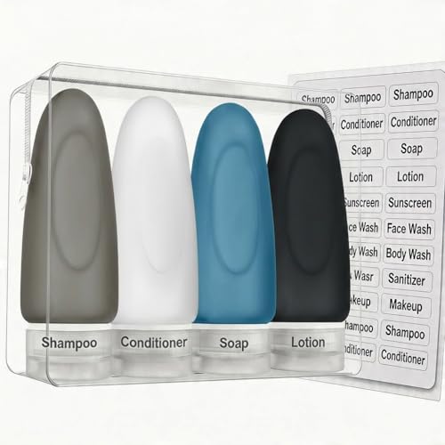 Dot&Dot Leak Proof Travel Bottles - Tubes for Liquid TSA Approved 3oz Silicone Toiletries Travel Shampoo & Conditioner Containers with Labels - color: 4pc 3 oz - Gray/White/Blue/Black