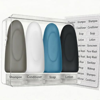 Dot&Dot Leak Proof Travel Bottles - Tubes for Liquid TSA Approved 3oz Silicone Toiletries Travel Shampoo & Conditioner Containers with Labels - color: 4pc 3 oz - Gray/White/Blue/Black