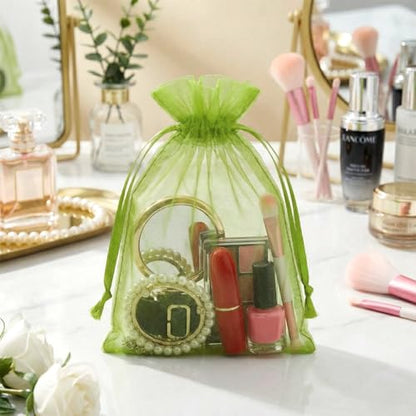FUNFERY 100Pcs Green Organza Bags 5x7 in,Small Mesh Drawstring Gift Bag - color: Classic Green