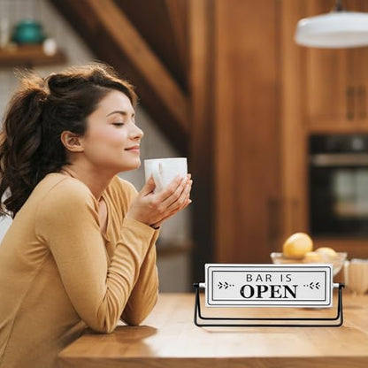 Swivel Bar is Open Closed Sign, Handmade Metal Tabletop Decor for Kitchen or Office Coffee Bar Decor with Black Stand and Embossed Letters