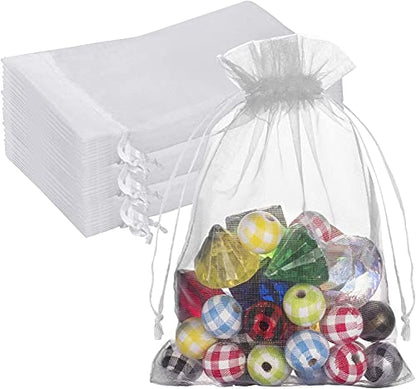 100 Premium Sheer Organza Bags, White Wedding Favor Bags with Drawstring, 5x7 inches Jewelry Gift Bags for Party, Festival, Makeup
