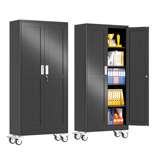 pozdeg 71" Black Lockable Rolling Metal Garage Storage Cabinet - color: Black, size: 14.96"D x 29.92"W x 71"H