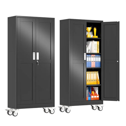 pozdeg 71" Black Lockable Rolling Metal Garage Storage Cabinet - color: Black, size: 14.96"D x 29.92"W x 71"H