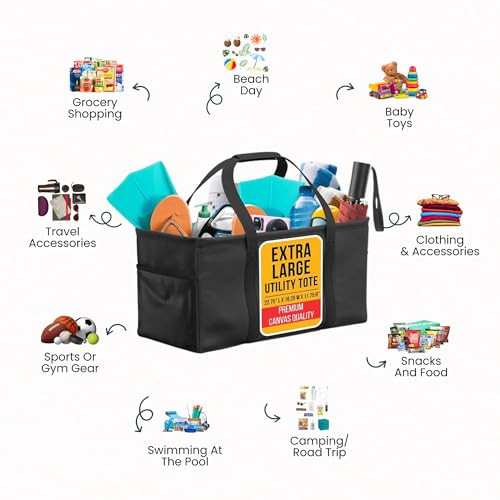 Extra Large Utility Tote Bag - Oversized Collapsible Beach Bag - Black - color: Black
