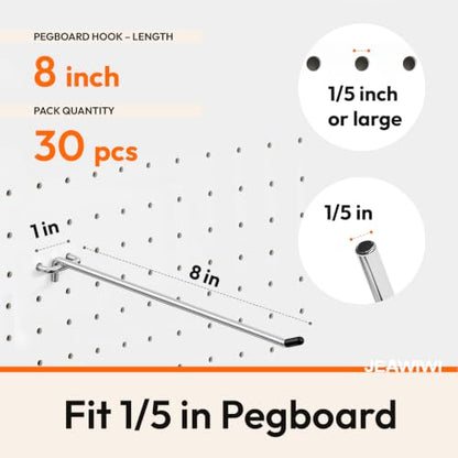 JEAWIWI 30 Pcs Metal Pegboard Hooks, 8 Inch Fit 1/5 in Peg Board - size: 8in 30pcs