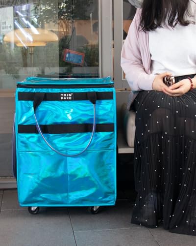 Reusable Grocery Bag with Wheels, Medium Glitter Blue Rolling Tote - color: Glitter Blue, size: Medium