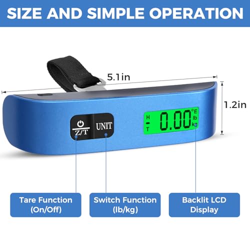 BAGAIL Digital Luggage Scale, 110lbs Hanging Baggage Scale with Backlit LCD Display, Portable Suitcase Weighing Scale, Travel Luggage Weight Scale with Hook, Strong Straps for Travelers - color: Blue