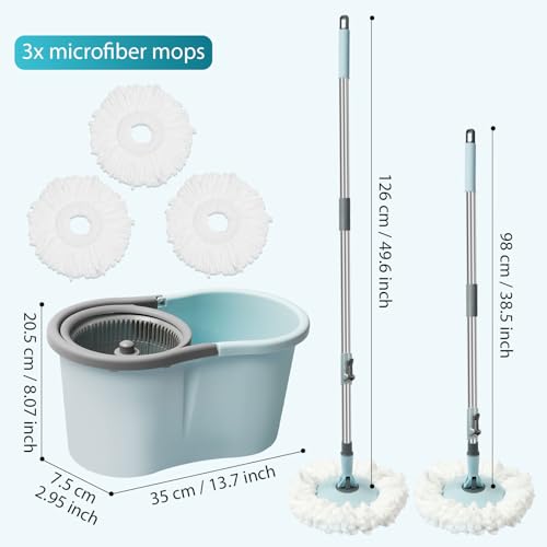 Spin Mop and Bucket with Wringer Set, Operable 360° Rotating Mop Bucket Set with 3 Microfiber Replacement Head, Stainless Steel Extended Handle for Floor Cleaning Home Office（Blue）