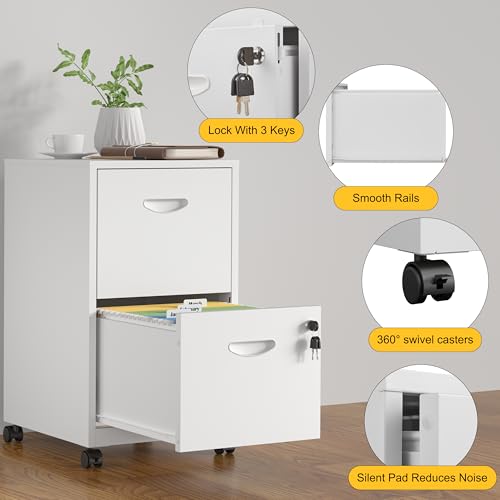 SteeLoong 2 Drawer File Cabinet,Metal Mobile File Cabinet with Lock White - color: White, style: 2 Drawer on Wheels