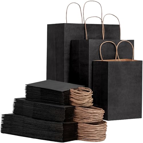 FACEBAG 90 Pack Black Kraft Paper Bags with Handles Bulk, Assorted Sizes Gift Bags for Favors Grocery，Retail，Party，Festival，Wedding，Birthday，Shopping，Business，Goody Craft Merchandise Take Out Sacks - color: Black, size: 90 Count (Pack of 1)