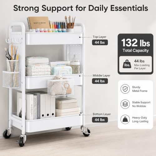 3 Tier White Rolling Storage Cart Metal with DIY Pegboard and Wheels - color: Classic White, size: 3 Tier+Pegboard