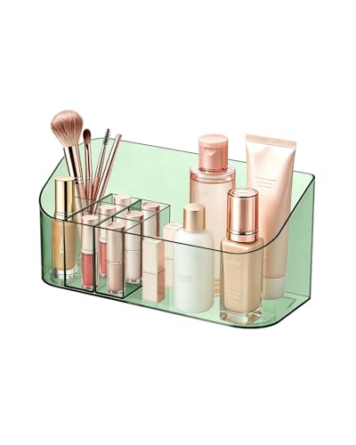 Makeup Tray Holder Organizer Cosmetic Display Case Tabletop Desktop Vanity Countertop Bathroom Wall Cabinet Medicine Storage Box 9 Dividers 2 Removable Women Ladies Girls Gifts Crystal Green 1 PACK - color: Crystal Green