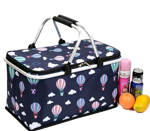 Upgrade Shopping Bag Picnic Basket 2 Layers of Internal Pockets Leak-Proof Insulated Cooler Bag Bag Collapsible Shopping Basket Folding Grocery Basket Bag for Picnic Travel(Black Balloon) - color: Black Balloon