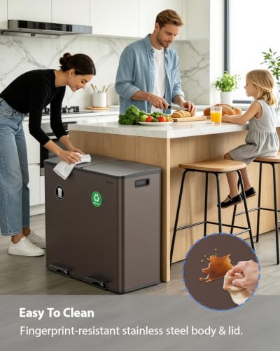 Dual Trash and Recycling Bins for Kitchen, 2*13.2 Gal Dual Trash Can, Brown - color: Brown, size: 2 * 13.2 Gallon