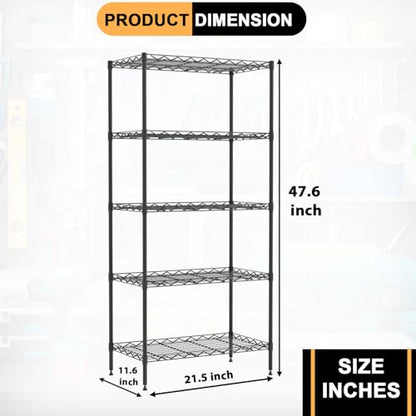 FDW | 5-Tier Wire Shelf | 21" x 11" x 48" | Black - color: Black, size: 5-Shelf No Wheels