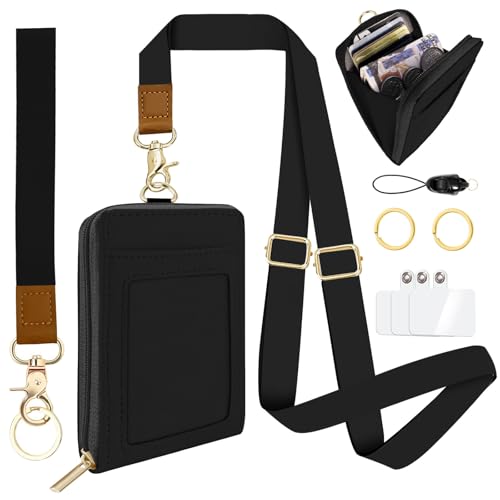 Lanyards Wallets for ID Badge Holder, ID Case with Zipper, Credit Card Holder for Women, Detachable Neck Lanyard Wrist Strap with Keychain Phone Holder for Teacher Student Gifts Black - color: Black