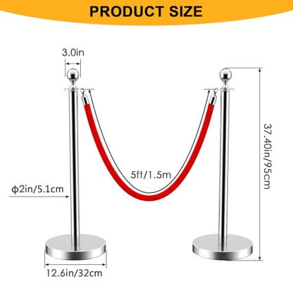 LOVMOR Crowd Control Stanchion, 12Pcs Silver Stanchion Posts Queue with 8pcs 5 ft/1.5 m Red Velvet Rope, Rope Barriers Crowd Control Barriers Queue Line for Hotel Theater Party Supplies - color: Silver-12pack