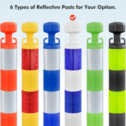 6 Pack Chain Post Barriers, Reflective Delineator Post Cones with Heavy-Duty Bases, Crowd Control Stanchion Set for Traffic Control Parking (Water-Fillable Base Set, White Blue) - color: White Blue