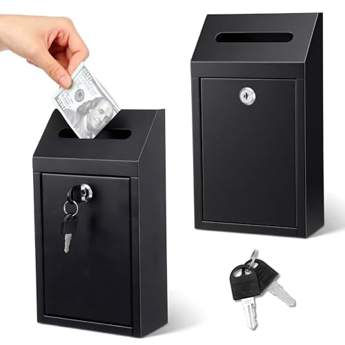 2-Pack Metal Donation Box with Lock, Wall Mounted Mailboxes for Outside, Secure Cash Drop & Suggestion Boxes with Keys, Black Collection Box for Home Office Business (10.24x5.71x2.95 Inch)