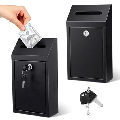 2-Pack Metal Donation Box with Lock, Wall Mounted Mailboxes for Outside, Secure Cash Drop & Suggestion Boxes with Keys, Black Collection Box for Home Office Business (10.24x5.71x2.95 Inch)