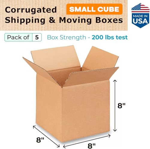 IDL Packaging Cube Corrugated Shipping Boxes 8"L x 8"W x 8"H (Pack of 5) - Excellent Choice of Strong Packing Boxes for USPS, UPS, FedEx Shipping - Easy-to-Recycle Cardboard Boxes for Packaging - size: 8 * 8 * 8" (Small Boxes)