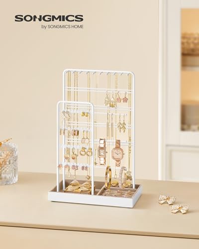 SONGMICS Jewelry Holder, Display Stand, Metal Frame, Velvet Tray - color: Matte White, size: 5.5"D x 9.4"W x 14.1"H