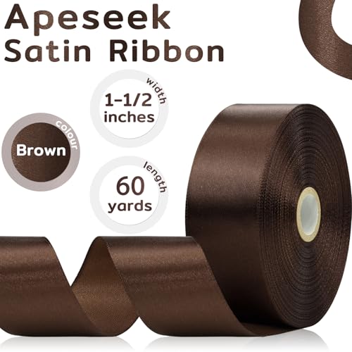 60 Yards Brown Satin Ribbon 1-1/2 Inch, Solid Polyester Fabric Ribbon for Gift Wrapping, Crafts, Flower Bouquet, Wedding, Festival, Christmas, Halloween - color: Brown