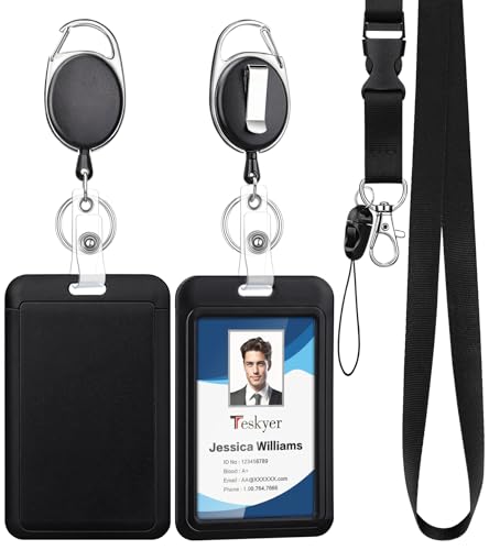 Teskyer 5 Pcs Badge Holder Set with Retractable Reel and Lanyard - size: 5 PCS