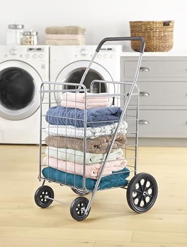 Whitmor Deluxe Utility Foldable Shopping Cart with Wheels, 100 Lb Capacity, Heavy Duty Grocery Cart with Steel Frame, Foam Handle, Rolling Folding Utility Trolley for Grocery, Laundry, Travel, Gray - size: 15.75"L x 17.75"W x 40.5"H, Gray