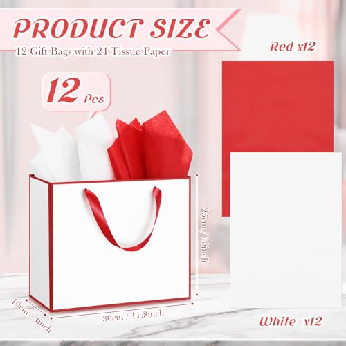 ReliThick 12 Pack Paper Gift Bag with Handles & Tissue, White, Red - color: White, Red