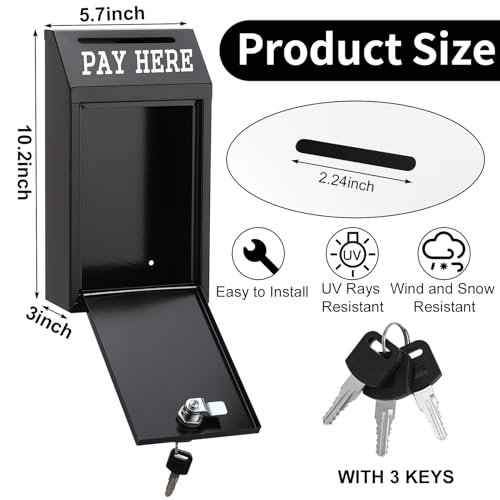 Metal Donation Box with Lock Money Cash Drop Box with Slot, Wall Mount Suggestion Box Collection Box Ballot Box for Home Office Outdoor Farm Stand, 10.2 x 5.7 x 3 in