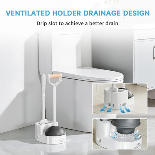 Sellemer Toilet Brush and Plunger Set, Curved Head for Deep Cleaning, White - color: White