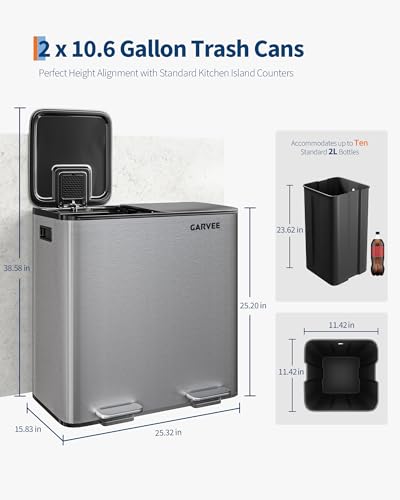 Garvee Dual Kitchen Trash Can 2x10.6 Gal Stainless Steel Step Bin - color: Silver, size: 2 x 10.6 Gallon