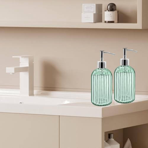 2 Pack Glass Soap Dispenser Bottle with Pump, 14 Oz Refillable Liquid Hand Jar Dispenser for Bathroom, Countertop, Kitchen, Laundry Room (Light Green) - color: Light Green