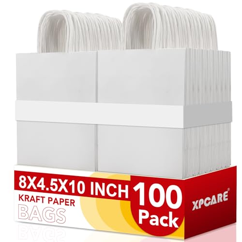 XPCARE White Paper Bags with Handles, 100Pcs 8x4.5x10In Kraft Paper Bag - color: White