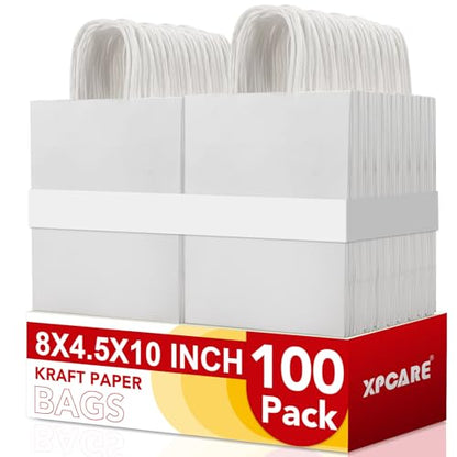 XPCARE White Paper Bags with Handles, 100Pcs 8x4.5x10In Kraft Paper Bag - color: White