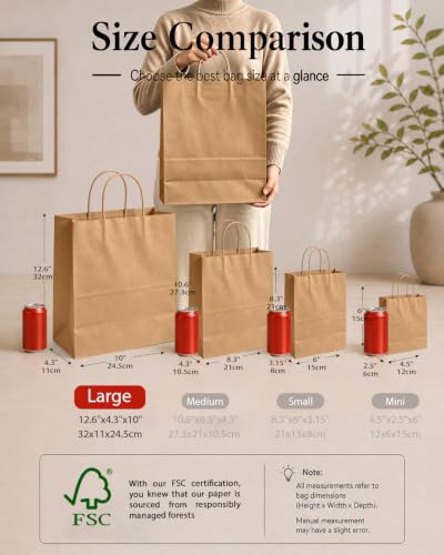 qiqee 100-Packs Large Size Paper Gift Bags with Handles Bulk 13"×10.2"×4.7" Brown Gift Bags Multiple Uses - size: Large - 100 Packs