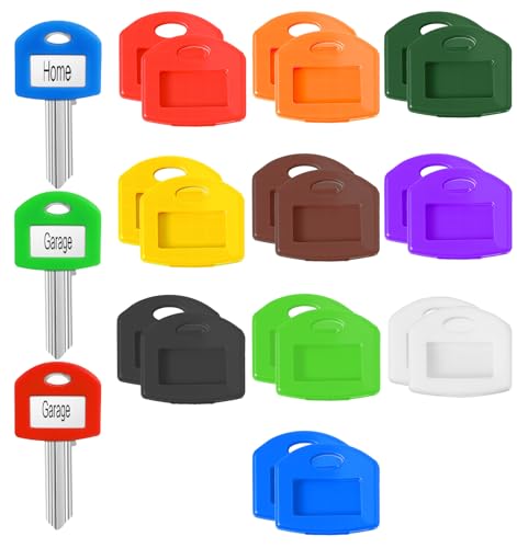 20 Pcs Key Cap Covers & Tag Kit, Colorful Square Key Labels with Cardstock and Clear Film, Plastic Keys Tags for Easy Identification Stretchy Rubbery Fit for Most Keys 10 Colors