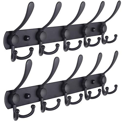 Dseap Coat Rack Wall Mounted - 5 Tri Hooks, Heavy Duty, Stainless Steel, Metal Coat Hook Rail for Coat Hat Towel Purse Robes Mudroom Bathroom Entryway (Black, 2 Packs) - color: Black, size: L=16" (2 Pcs)