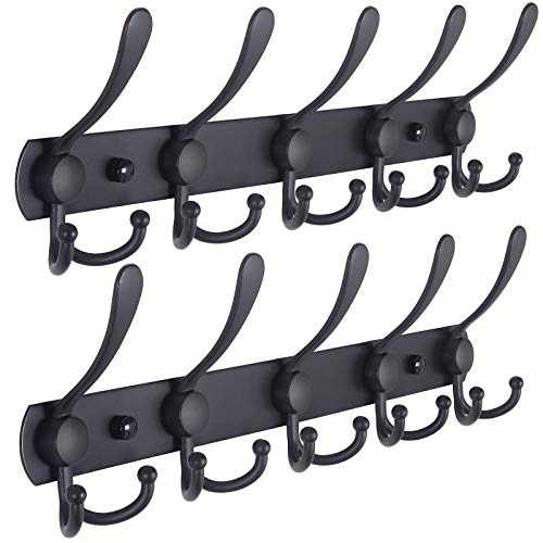Dseap Coat Rack Wall Mounted - 5 Tri Hooks, Heavy Duty, Stainless Steel, Metal Coat Hook Rail for Coat Hat Towel Purse Robes Mudroom Bathroom Entryway (Black, 2 Packs) - color: Black, size: L=16" (2 Pcs)