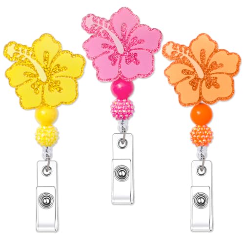 JarThenaAMCS 3Pcs Summer Hawaiian Flower Badge Reels Glitter Cute Hibiscus Flower ID Badge Name Tag Holder with Retractable Clip for Summer Tropical Nurse Doctor Student Teacher Employee - style: Hibiscus Flower