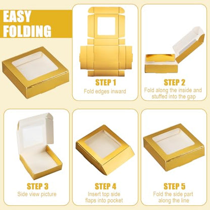 Zonon 30 Pcs Kraft Paper Boxes with Window 4.13 x 4.13 x 1.18 Inch (Gold) - color: Gold